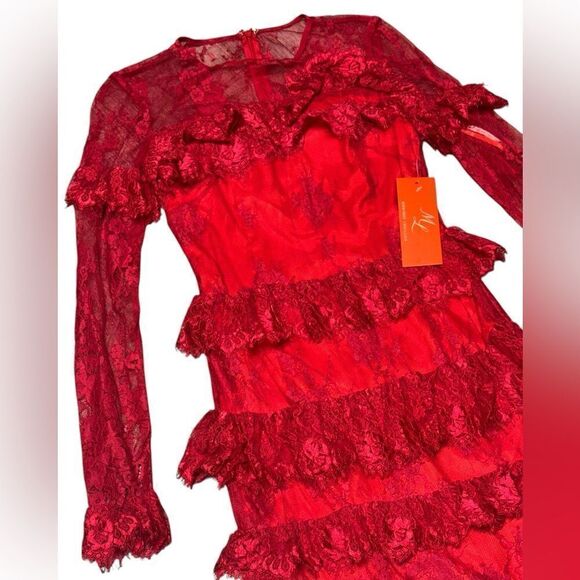 NWT ML Monique Lhuillier red Lace Ruffled long sleeve mini dress Size sz 2 - Picture 6 of 10